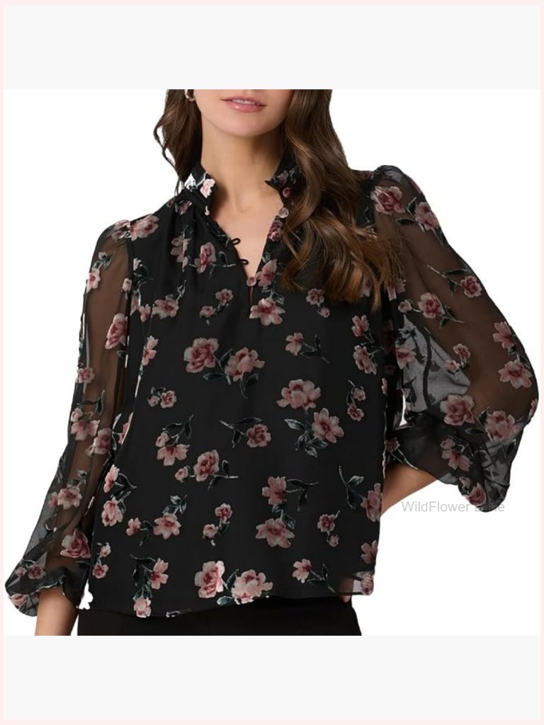 Mock Neck Button Down Top With Floral Pattern, 3/4 Sleeve Blouse